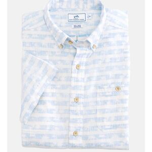 Southern Tide Cream Blue Palm Print Short Sleeve Performance Dock shirt M